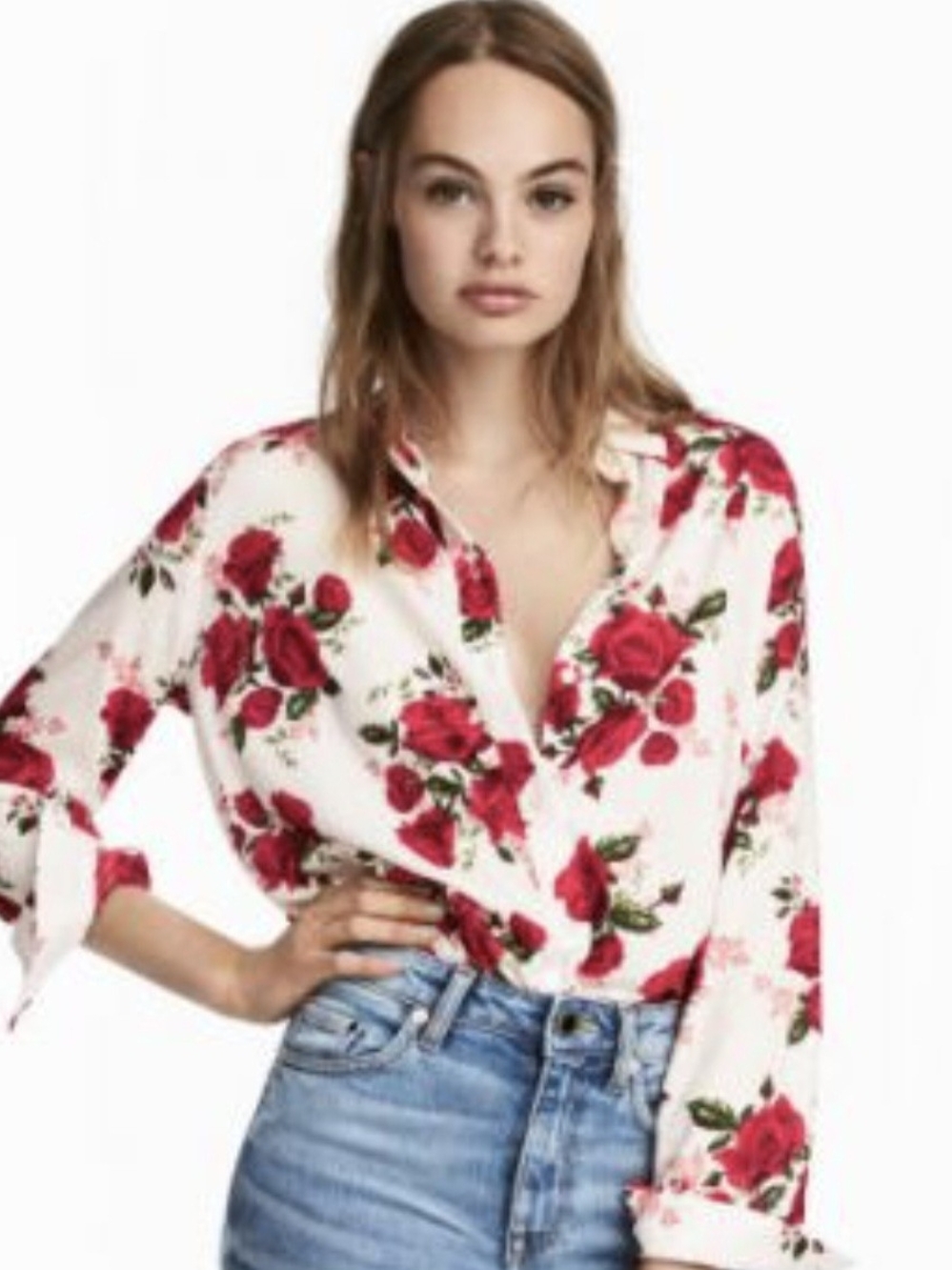 H&M White Blouse with Red Rose Print